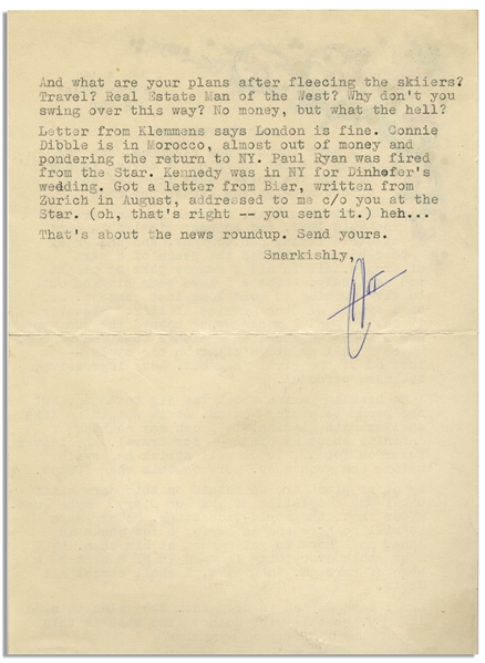 Hunter S. Thompson Letter Signed -- ''...my pendulum has swung toward the sun, and now I fear the inevitable plunge toward darkness. Maybe I will go off a cliff on the cycle...''